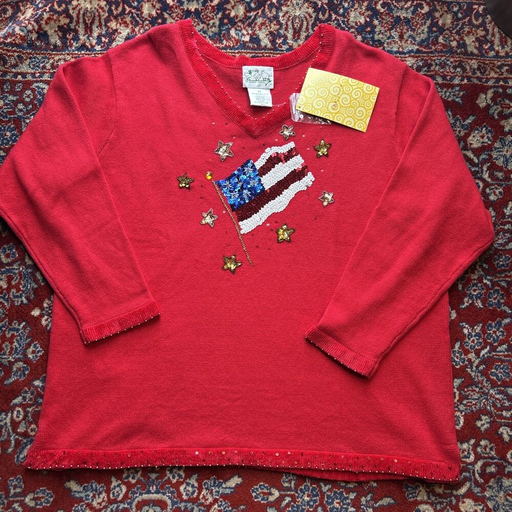 The Quacker Factory 2X American Flag Sweater Shirt Red Sequin Gold Studs V Neck
